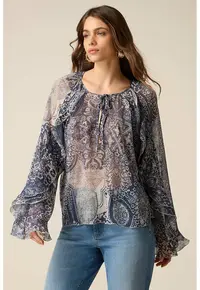 Bluza semitransparenta cu maneci cu volane - Gri/Albastru