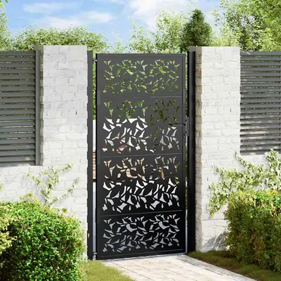 vidaXL Poartă de grădină neagră 100x175 cm, model frunze de oțel