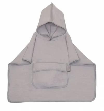 Prosop 60x65 cm din bumbac muselina cu gluga si buzunar pentru bebelusi si copii Amy Poncho gri