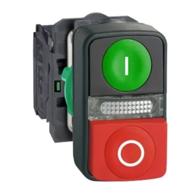 Buton cu Cap dublu Luminos Verde Incastrat/Rosu Aparent Ø22 1Nd+1Ni 24V