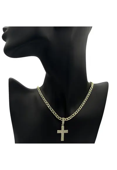 Colier auriu cu pandantiv cruce si cristale Zirconia - 42x5cm