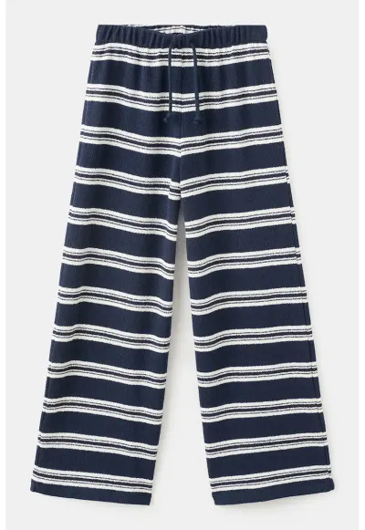 Pantaloni tricotati cu dungi si snur - Alb murdar/Gri inchis/Bleumarin