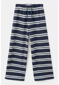 Pantaloni tricotati cu dungi si snur - Alb murdar/Gri inchis/Bleumarin