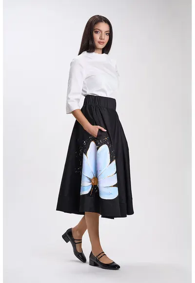 Fusta neagra midi pictata manual Zoralia