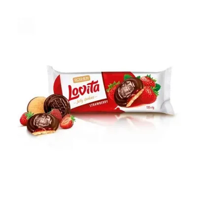 Biscuiți cu Ciocolată și Jeleu de Căpșuni Roshen Lovita, 135g – Pachet En-gros