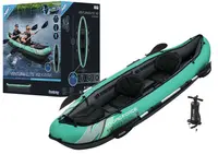 Caiac gonflabil din vinil, pentru 2 persoane, dimensiune 330 x 86 cm, sustine pana la 200 kg, include vasle, pompa manuala, o geanta de depozitare detasabila, doua spatare reglabile si manere de transport