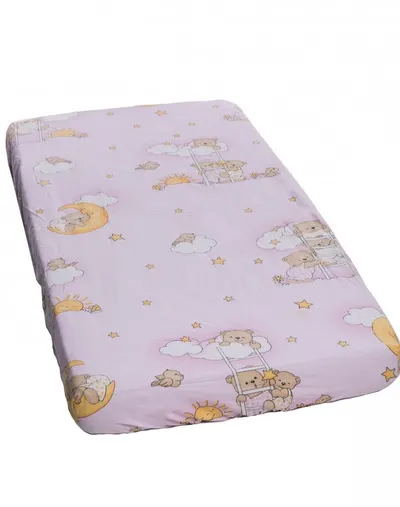 Cearceaf din bumbac cu elastic Ursuletul somnoros Roz 120x60 cm