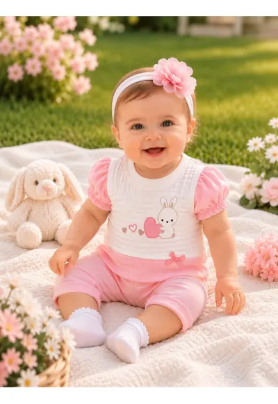 Compleu bebe din muselina roz cu iepuras si bentita 3 piese