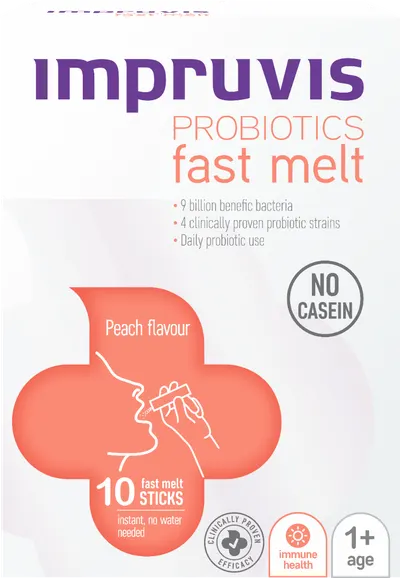 Probiotice Fast Melt cu aroma de piersica, 10 plicuri, Impruvis