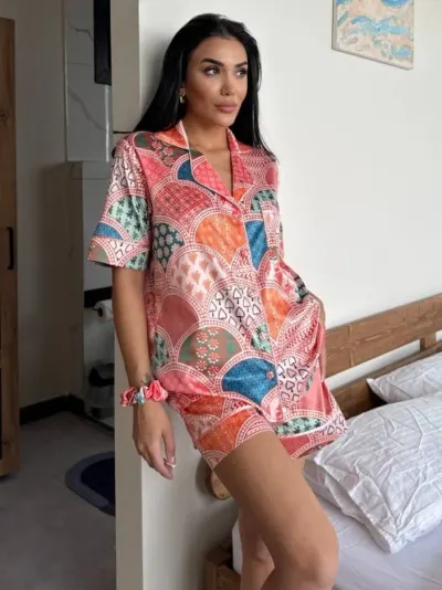 Set pijama dama din doua piese, cu nasturi – 2500153, Color Mosaic