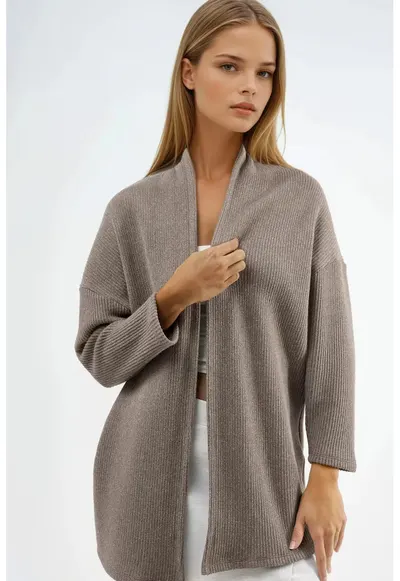Cardigan lung tricotat maro natural - bumbac si poliester - pentru femei