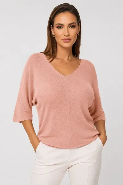Bluza fin tricotata bob de orez, cu maneca fluture 3 4, roz pastel
