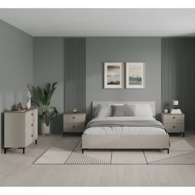 Set dormitor DOMINICA, 4 piese, pat cu somiera rabatabila 160x200 cm, comoda, 2 noptiere, taupe + stejar silverjack