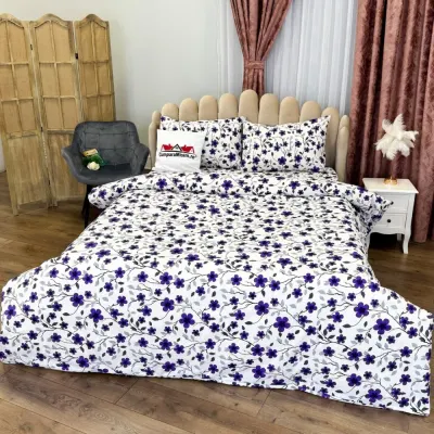 Lenjerie de Pat Dublu, Policoton Ranforsat, 4 piese, Atelier Cumparamisim, Alb, Mov, Floricele