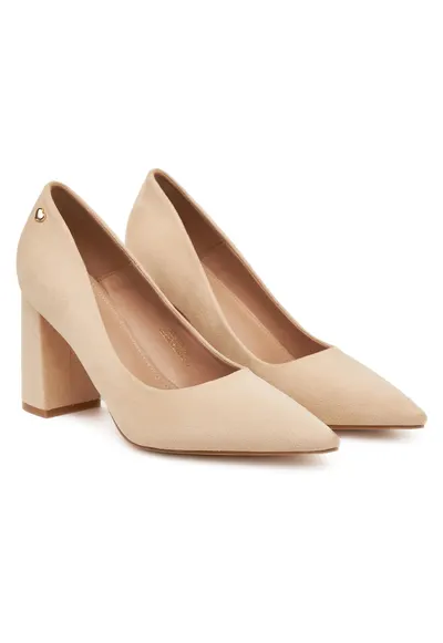 Pantofi dama - textil - bej - toc gros - eleganti