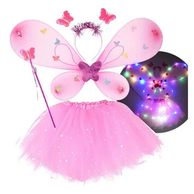 Costum carnaval, Jokomisiada, Little Fairy Butterfly, Include fusta, aripi, bagheta si bentita, Cu lumini LED, Pink