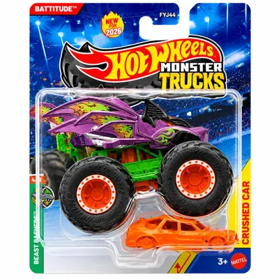 Masinuta Hot Wheels, Monster Truck, Crushed Car, Battitude 2026, JHY44