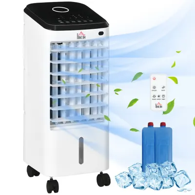 HOMCOM Răcitor Evaporativ 3-în-1, Ventilator, Umidificator cu Gheață și Dezumidificator, 3 Viteze, 3 Moduri și Telecomandă, Timer 12 Ore, 65W din ABS, 24.5x27x60 cm, Alb | Aosom Romania