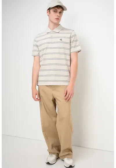 Tricou polo cu detaliu monograma si dungi - Alb/Alb fildes/Negru