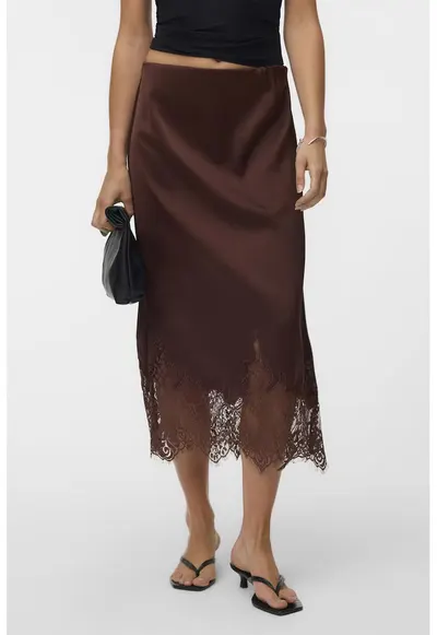 Fusta midi de satin si dantela - Maro inchis