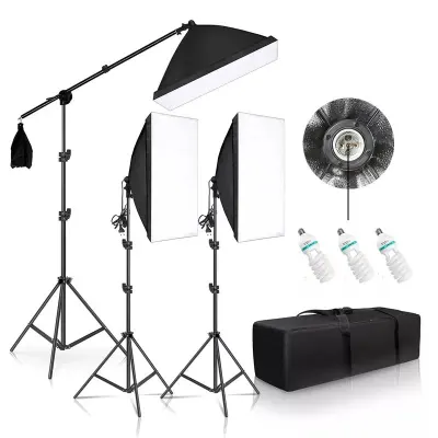 Kit 3 lumini foto-video cu 3 x 135W 5500K cu softbox, stative si husa - Default Title