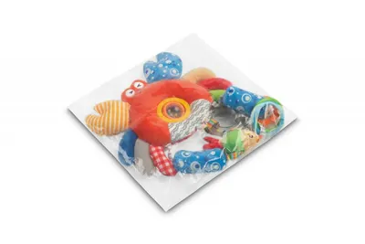 Jucarie de plus pentru caruciorpatut Sensillo Funny Crab cu zornaitoare,fosnait si inele de dentitie, realizata din material plusat,agatatoare practica