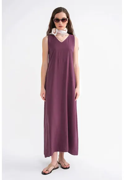 Rochie Maxi - fara maneci - guler in V - rosu - textil