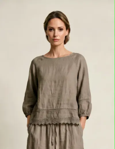 Bluza din in cu dantela, croi lejer, stil natural elegant, bej inchis