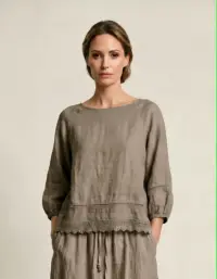 Bluza din in cu dantela, croi lejer, stil natural elegant, bej inchis