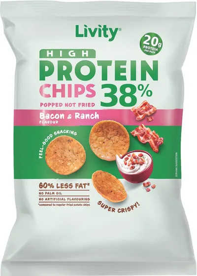 Chips proteic cu bacon și sos ranch, 52 g, Livity