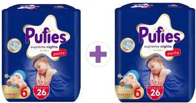 Scutece chiloței Pufies Supreme Nights - Value Pack, mărimea 6 Extra Large, 15+ kg, 2 x 26 bucăți