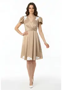 Rochie din bumbac satinat cu decolteu cache-cour Okino - Bej