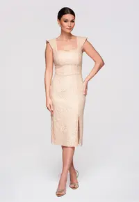 Rochie cocktail midi cu decolteu patrat si detalii din dantela - Crem