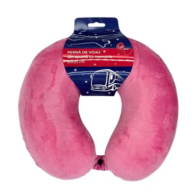 Pernă de călătorie, pentru adulți, culoare rozalie, din spumă cu memorie, 30 cm