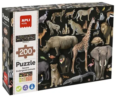 Puzzle educațional Apli Kids - Animale pe cale de dispariție din savană, 200 piese