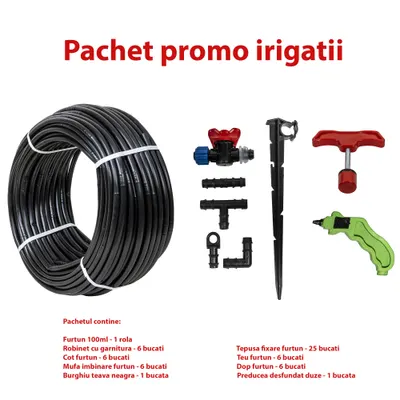 Set irigare + furtun picurare, 16mm, distanta intre picuratori 25 cm 4l/h rola 100m / SET 30052