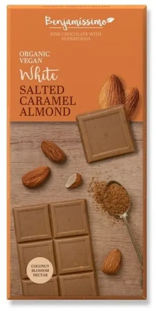 Ciocolată bio vegană cu caramel sărat și migdale, 70 g, Benjamissimo