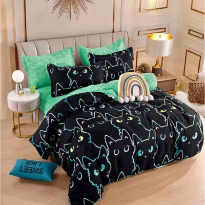 Lenjerie pat dublu, FINET, 6 piese, Jojo Home, Negru, pisici