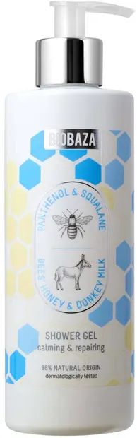Biobaza Bees & Donkeys Gel de duș cu squalan, miere și lapte de măgar, 400 ml