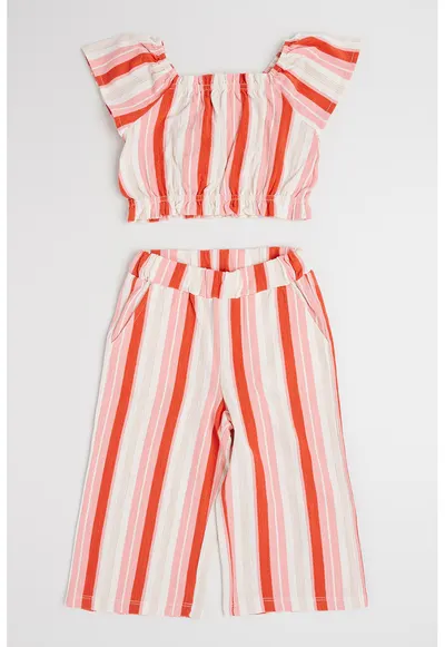 Set de top crop si colanti - Alb/Roz pastel/Caramiziu