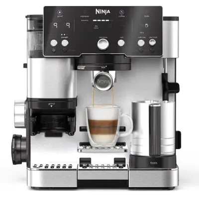 Espressor semi-automat 2in1 Ninja Luxe Cafe Essential ES501EU, 1650W, rasnita incorporata cu 25 trepte de macinare, Barista Assist, cantar incorporat, autocuratare a sistemului de spumare, 2 filtre Luxe si Double (Inox)