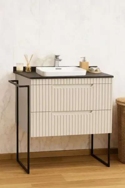 Set Baza front MDF si Lavoar seria 633, cu sertare, cadru metalic, montat, 80 cm, crem