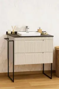 Set Baza front MDF si Lavoar seria 633, cu sertare, cadru metalic, montat, 80 cm, crem