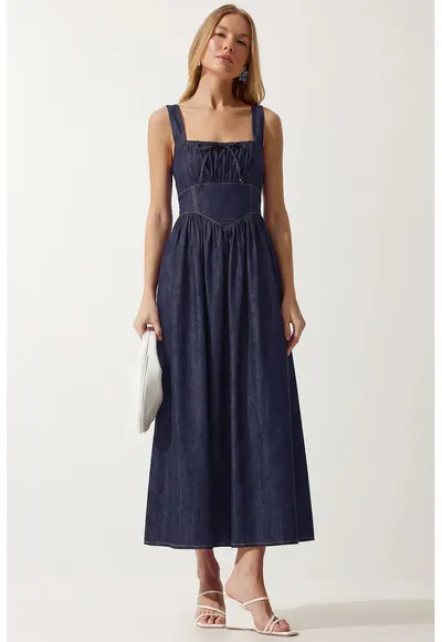 Rochie Midi - Happiness Istanbul - A-line - decolteu patrat - bleumarin - denim