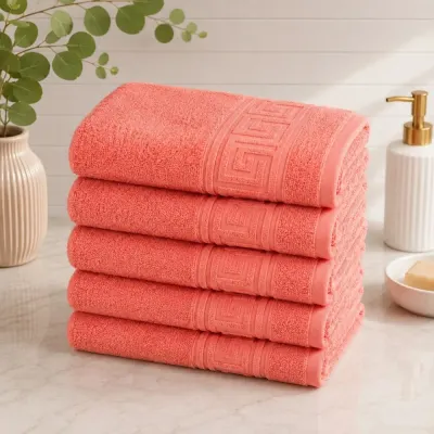 Set 5 prosoape medii, Greek Border, 50x90cm, din 100% bumbac pakistanez, 480g, Corai
