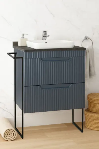 Set Baza front MDF si Lavoar seria 633, cu sertare, cadru metalic, montat, 60 cm, antracit