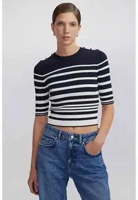 Pulover crop cu nasturi decorativi si dungi - Alb/Albastru ultramarin