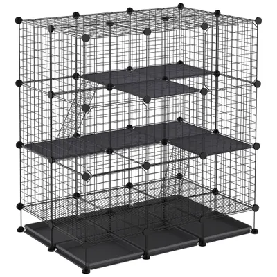 PawHut Cușcă parc rozătoare modulară dim. L 111 x l 75 x H 119 cm 3 nivele 4 uși sârmă metalică negru | Aosom Romania