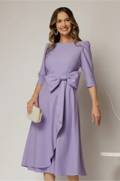 Rochie DY Fashion lila cu funda ampla in talie decolteu rotund maneci trei sferturi