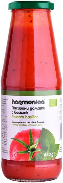 Roșii pasate bio cu busuioc, 680 g, Harmonica